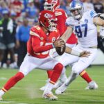 Detroit Lions defensive end Aidan Hutchinson (97) looks to tackle Kansas City Chiefs quarterback Patrick Mahomes (15) during the second half at Arrowhead Stadium in Kansas City, Mo. on Thursday, Sept. 7, 2023.