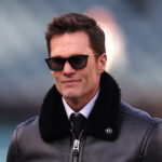 Jan 12, 2025; Philadelphia, Pennsylvania, USA; Announcer Tom Brady looks on before an NFC wild card game between the Philadelphia Eagles and the Green Bay Packers at Lincoln Financial Field. Mandatory Credit: Bill Streicher-Imagn Images