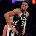 Jan 12, 2025; New York, New York, USA; Milwaukee Bucks forward Giannis Antetokounmpo (34) reacts during the first quarter against the New York Knicks at Madison Square Garden.