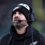 Jan 12, 2025; Philadelphia, Pennsylvania, USA; Philadelphia Eagles head coach Nick Sirianni reacts during the game against the Green Bay Packers in an NFC wild card game at Lincoln Financial Field. Mandatory Credit: Bill Streicher-Imagn Images