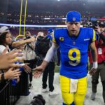 Jan 13, 2025; Glendale, AZ, USA; Los Angeles Rams quarterback Matthew Stafford (9) against the Minnesota Vikings during an NFC wild card game at State Farm Stadium. Mandatory Credit: Mark J. Rebilas-Imagn Images