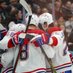 Jan 14, 2025; Salt Lake City, Utah, USA; Montreal Canadiens celebrates a goal against the Utah Hockey Club during the third period at Delta Center. Mandatory Credit: Chris Nicoll-Imagn Images
