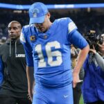 Detroit Lions quarterback Jared Goff (16) walks off the field after 45-31 loss to Washington Commanders at the NFC divisional round at Ford Field in Detroit on Saturday, Jan. 18, 2025.