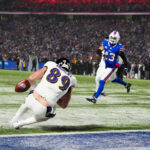 Jan 19, 2025; Orchard Park, New York, USA; Baltimore Ravens tight end Mark Andrews (89) drops a pass on a two-point conversion late in the fourth quarter against the Buffalo Bills in a 2025 AFC divisional round game at Highmark Stadium. Mandatory Credit: Gregory Fisher-Imagn Images