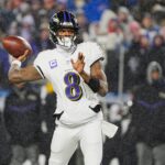 Baltimore Ravens quarterback Lamar Jackson gets off a pass during first half action during the Buffalo Bills divisional game against the Baltimore Ravens at Highmark Stadium in Orchard Park on Jan. 19, 2025.