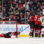 Jan 22, 2025; Newark, New Jersey, USA; New Jersey Devils goaltender Jacob Markstrom (25) is injured during the second period of their game against the Boston Bruins at Prudential Center. Mandatory Credit: Ed Mulholland-Imagn Images