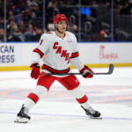 Jan 25, 2025; Elmont, New York, USA; Carolina Hurricanes left wing Taylor Hall (71) skates against the New York Islanders during the first period at UBS Arena. Mandatory Credit: Brad Penner-Imagn Images