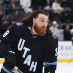 Jan 29, 2025; Salt Lake City, Utah, USA; Utah Hockey Club center Liam O'Brien (38) warms up before a game against the before the game against the Pittsburgh Penguins at Delta Center. Mandatory Credit: Rob Gray-Imagn Images
