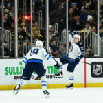 Jan 30, 2025; Boston, Massachusetts, USA; Winnipeg Jets center Parker Ford (73) reacts after scoring his first NHL goal during the third period against the Boston Bruins at TD Garden. Mandatory Credit: Bob DeChiara-Imagn Images