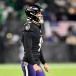 BALTIMORE, MARYLAND - DECEMBER 01: Justin Tucker #9 of the Baltimore Ravens reacts during the third quarter after missing his third kick of the night against the Philadelphia Eagles at M&T Bank Stadium on December 01, 2024 in Baltimore, Maryland. Philadelphia defeated Baltimore 24-19. (Photo by G Fiume/Getty Images) Justin Tucker