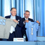 CHAPEL HILL, NORTH CAROLINA - DECEMBER 12: Head Coach Bill Belichick of the North Carolina Tar Heels poses with Athletic director Bubba Cunningham during a press conference on December 12, 2024 in Chapel Hill, North Carolina. (Photo by Jared C. Tilton/Getty Images) North Carolina
