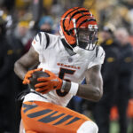PITTSBURGH, PA - January 04: Cincinnati Bengals wide receiver Tee Higgins (5) catches the ball and runs toward the sideline in the fourth quarter during the game between the Pittsburgh Steelers and the Cincinnati Bengals at Acrisure Stadium on January 4, 2025 in Pittsburgh, PA. (Photo by Shelley Lipton/Icon Sportswire via Getty Images)