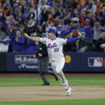 NEW YORK, NEW YORK - OCTOBER 09: (NEW YORK DAILIES OUT) Pete Alonso #20 of the New York Mets celebrates after defeating the Philadelphia Phillies in during Game Four of the Division Series at Citi Field on October 09, 2024 in New York City. The Mets defeated the Phillies 4-1. (Photo by Jim McIsaac/Getty Images)
