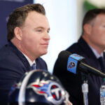 NASHVILLE, TENNESSEE - JANUARY 22: New General Manager Mike Borgonzi (L) and President of Football Operations Chad Brinker of the Tennessee Titans take questions during an introductory press conference at Ascension Saint Thomas Sports Park on January 22, 2025 in Nashville, Tennessee. (Photo by Johnnie Izquierdo/Getty Images)