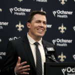 Kellen Moore - New Orleans Saints METAIRIE, LOUISIANA - FEBRUARY 13: Newly named head coach Kellen Moore of the New Orleans Saints speaks during a introductory press conference at the Ochsner Sports Performance Center on February 13, 2025 in Metairie, Louisiana. (Photo by Derick E. Hingle/Getty Images)