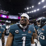 NEW ORLEANS, LOUISIANA - FEBRUARY 9: Jalen Hurts #1 of the Philadelphia Eagles reacts as he leads a huddle prior to Super Bowl LIX against the Kansas City Chiefs at Caesars Superdome on February 09, 2025 in New Orleans, Louisiana. (Photo by Michael Owens/Getty Images)