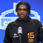 INDIANAPOLIS, INDIANA - FEBRUARY 28: Cam Ward #QB15 of Miami-FL speaks to the media during the NFL Combine at Lucas Oil Stadium on February 28, 2025 in Indianapolis, Indiana. (Photo by Justin Casterline/Getty Images) Cam Ward
