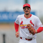 Feb 24, 2025; Jupiter, Florida, USA; St. Louis Cardinals third baseman Nolan Arenado (28) looks on against the New York Mets during the fourth inning at Roger Dean Chevrolet Stadium. Mandatory Credit: Sam Navarro-Imagn Images