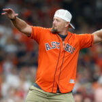 Oct 5, 2019; Houston, TX, USA; Former Astros' Billy Wagner throws out the first pitch prior to the game between the Tampa Bay Rays and the Houston Astros in game two of the 2019 ALDS playoff baseball series at Minute Maid Park. Mandatory Credit: Thomas B. Shea-USA TODAY Sports