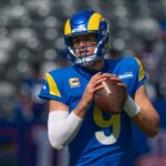 Oct 17, 2021; East Rutherford, New Jersey, USA; Los Angeles Rams quarterback Matthew Stafford (9) pre game at MetLife Stadium. Mandatory Credit: Robert Deutsch-USA TODAY Sports