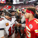 Oct 2, 2022; Tampa, Florida, USA; Tampa Bay Buccaneers quarterback Tom Brady (12) greets Kansas City Chiefs quarterback Patrick Mahomes (15) after a game at Raymond James Stadium. Mandatory Credit: Nathan Ray Seebeck-USA TODAY Sports - Patrick Mahomes