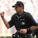 Apr 30, 2023; Mexico City, Mexico; Home plate umpire Pat Hoberg (31) calls an out in the fifth inning during a MLB World Tour game between the San Diego Padres and the San Francisco Giants at Estadio Alfredo Harp Helu. Mandatory Credit: Kirby Lee-USA TODAY Sports