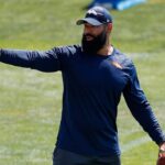 Jul 28, 2023; Englewood, CO, USA; Denver Broncos outside linebackers coach Michael Wilhoite during training camp at Centura Health Training Center.