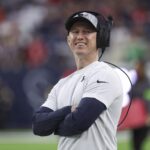 Dec 24, 2023; Houston, Texas, USA; Houston Texans offensive coordinator Bobby Slowik smiles before the game against the Cleveland Browns at NRG Stadium. Mandatory Credit: Troy Taormina-USA TODAY Sports