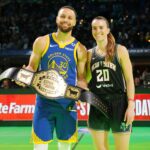 Feb 17, 2024; Indianapolis, IN, USA; Golden State Warriors guard Stephen Curry (30) and New York Liberty guard Sabrina Ionescu (20) after the Stephen vs Sebrina three-point challenge during NBA All Star Saturday Night at Lucas Oil Stadium. Mandatory Credit: Kyle Terada-USA TODAY Sports
