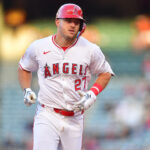Apr 23, 2024; Anaheim, California, USA; Los Angeles Angels center fielder Mike Trout (27) rounds the bases after hitting a solo home run against the Baltimore Orioles during the first inning at Angel Stadium. Mandatory Credit: Gary A. Vasquez-USA TODAY Sports