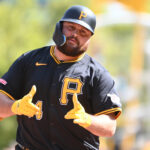 Sep 7, 2024; Pittsburgh, Pennsylvania, USA; Pittsburgh Pirates pinch hitter Rowdy Tellez (44) celebrates after hitting a pinch-hit home run against the Washin gton Nationals during the seventh inning at PNC Park. The Nationals won the first game of a double header 5-3. Mandatory Credit: Philip G. Pavely-Imagn Images Rowdy Tellez