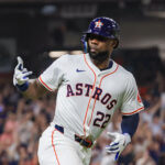 Sep 24, 2024; Houston, Texas, USA; Houston Astros left fielder Jason Heyward (22) reacts after hitting a two run home run against the Seattle Mariners in the fifth inning at Minute Maid Park. Mandatory Credit: Thomas Shea-Imagn Images