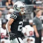 Sep 29, 2024; Paradise, Nevada, USA; Las Vegas Raiders safety Isaiah Pola-Mao (20) celebrates after getting a sack against the Cleveland Browns during the third quarter at Allegiant Stadium.