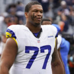 Sep 29, 2024; Chicago, Illinois, USA; Los Angeles Rams offensive tackle Alaric Jackson (77) in a game against the Chicago Bears at Soldier Field. Mandatory Credit: David Banks-Imagn Images Alaric Jackson