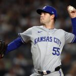 Oct 7, 2024; Bronx, New York, USA; Kansas City Royals pitcher Cole Ragans (55) throws a pitch against the New York Yankees in the first inning during game two of the ALDS for the 2024 MLB Playoffs at Yankee Stadium. Mandatory Credit: Vincent Carchietta-Imagn Images