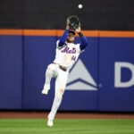Oct 8, 2024; New York City, New York, USA; New York Mets outfielder Harrison Bader (44) makes a catch against the Philadelphia Phillies in the eighth inning during game three of the NLDS for the 2024 MLB Playoffs at Citi Field. Mandatory Credit: Vincent Carchietta-Imagn Images