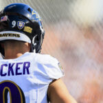 Oct 6, 2024; Cincinnati, Ohio, USA; A general view of the helmet of Baltimore Ravens kicker Justin Tucker (9) as he prepares on the sidelines in the second half against the Cincinnati Bengals at Paycor Stadium. Mandatory Credit: Katie Stratman-Imagn Images Justin Tucker