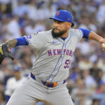 Oct 20, 2024; Los Angeles, California, USA; New York Mets pitcher Sean Manaea (59) pitches against the Los Angeles Dodgers in the second inning during game six of the NLCS for the 2024 MLB playoffs at Dodger Stadium. Mandatory Credit: Jayne Kamin-Oncea-Imagn Images