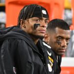 Oct 20, 2024; Pittsburgh, Pennsylvania, USA; Pittsburgh Steelers quarterbacks Justin Fields (2) and Russell Wilson (3) watch the action against the New York Jets during the fourth quarter at Acrisure Stadium. Mandatory Credit: Barry Reeger-Imagn Images