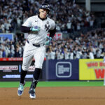 Oct 30, 2024; New York, New York, USA; MLB; New York Yankees outfielder Aaron Judge (99) runs the bases after hitting a three run home run during the first inning against the Los Angeles Dodgers in game four of the 2024 MLB World Series at Yankee Stadium.