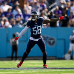 Nov 17, 2024; Nashville, Tennessee, USA; Tennessee Titans linebacker Harold Landry III (58) celebrates the fumble recovery against the Minnesota Vikings during the first half at Nissan Stadium. Mandatory Credit: Steve Roberts-Imagn Images Harold Landry
