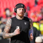 Nov 29, 2024; Kansas City, Missouri, USA; Las Vegas Raiders defensive end Maxx Crosby (98) warms up against the Kansas City Chiefs prior go a game at GEHA Field at Arrowhead Stadium. Mandatory Credit: Denny Medley-Imagn Images