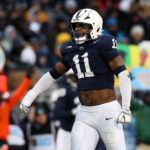 NFL Draft 2025 prospecto Abdul Carter - Nov 30, 2024; University Park, Pennsylvania, USA; (Editors Notes: Caption Correction) Penn State Nittany Lions defensive end Abdul Carter (11) reacts after sacking Maryland Terrapins quarterback MJ Morris (not pictured) during the first quarter at Beaver Stadium. Mandatory Credit: Matthew O'Haren-Imagn Images