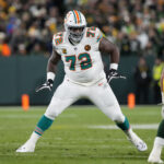 Nov 28, 2024; Green Bay, Wisconsin, USA; Miami Dolphins offensive tackle Terron Armstead (72) during the game against the Green Bay Packers at Lambeau Field. Mandatory Credit: Jeff Hanisch-Imagn Images