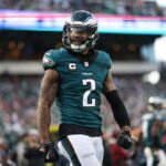 Dec 8, 2024; Philadelphia, Pennsylvania, USA; Philadelphia Eagles cornerback Darius Slay Jr. (2) reacts after a defensive stop against the Carolina Panthers during the fourth quarter at Lincoln Financial Field. Mandatory Credit: Bill Streicher-Imagn Images