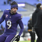 Dec 21, 2024; Baltimore, Maryland, USA; Baltimore Ravens place kicker Justin Tucker (9) warms up in the end zone before the game against the Pittsburgh Steelers at M&T Bank Stadium.
