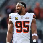 Dec 22, 2024; Cincinnati, Ohio, USA; Cleveland Browns defensive end Myles Garrett (95) warms up before a game against the Cincinnati Bengals at Paycor Stadium.