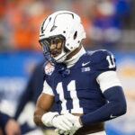 Dec 31, 2024; Glendale, AZ, USA; Penn State Nittany Lions defensive end Abdul Carter (11) against the Boise State Broncos in the Fiesta Bowl at State Farm Stadium. Mandatory Credit: Mark J. Rebilas-Imagn Images