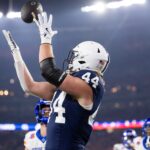 NFL Draft 2025- Dec 31, 2024; Glendale, AZ, USA; Penn State Nittany Lions tight end Tyler Warren (44) catches a touchdown pass against the Boise State Broncos in the Fiesta Bowl at State Farm Stadium. Mandatory Credit: Mark J. Rebilas-Imagn Images