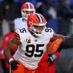 Jan 4, 2025; Baltimore, Maryland, USA; Cleveland Browns defensive end Myles Garrett (95) warms up before the game against Baltimore Ravens at M&T Bank Stadium. Mandatory Credit: Tommy Gilligan-Imagn Images